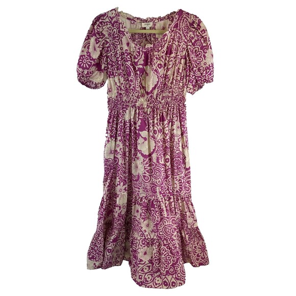 Umgee Dresses & Skirts - Umgee Tiered Midi Dress Pink Floral Puff Sleeves Boho Summer Indie Smocked Large